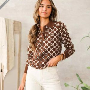 Willow & Root Floral Checked Henley Sweater, Brown, Long-Sleeve, Sz Small  NWT